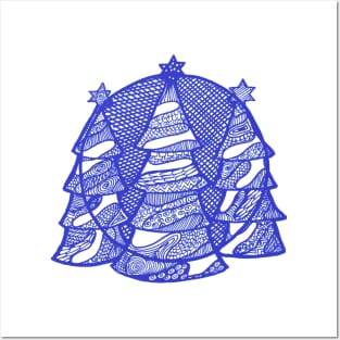 Christmas fir trees in blue ink Posters and Art